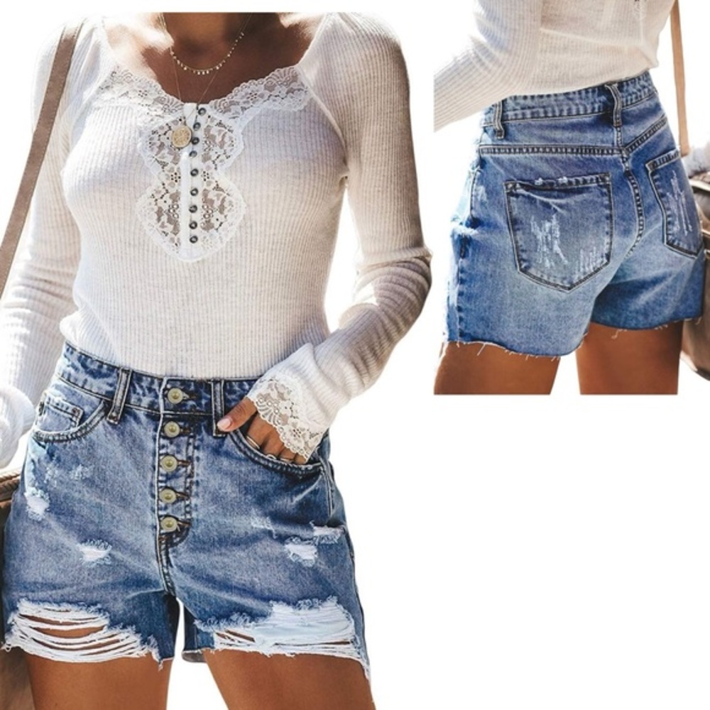 NWT Sidefeel Women Vintage Denim High Waist Rolled Hem Jeans Shorts 2XL